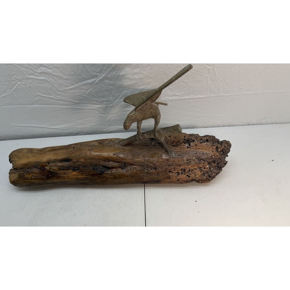 Vintage Solid Brass American Bald Eagle On Driftwood Burl Log Wall Sculpture MCM